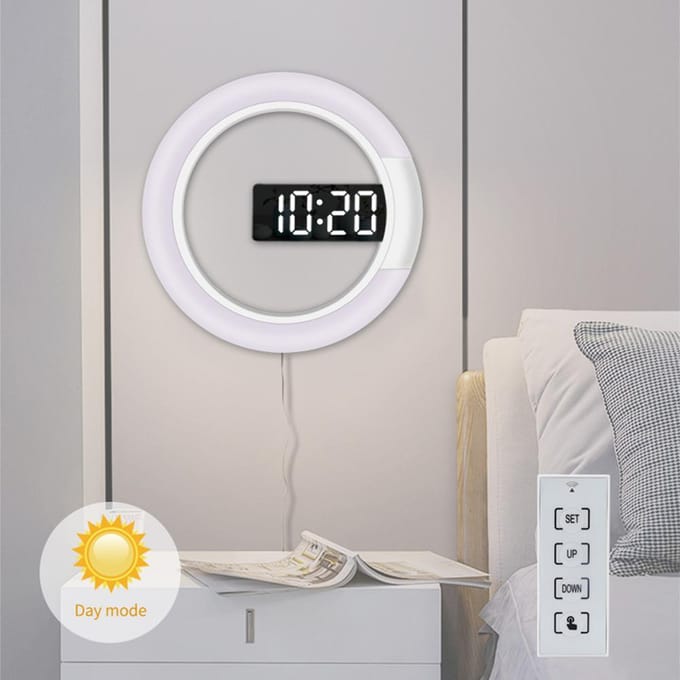 LED Spiegel Holle Wandklok met Afstandsbediening Ronde Digitale Wekker Wanddecoratie Licht 7 wit