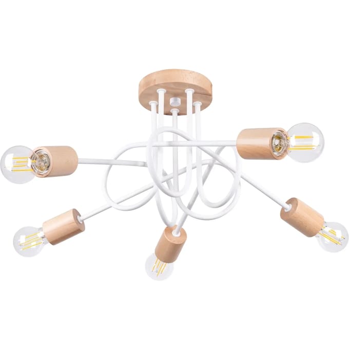 Kroonluchter EMBER 5 met 5 metalen armen en houten accenten - Sollux Lighting - IP20 - Wit/natuurlijk hout staal/hout behuizing - 15 x 61 x 26 cm - 5 x E27 LED, exclusief lichtbron - 5 x 15 W - Minimalistische kroonluchter voor gang, hal en woonkamer