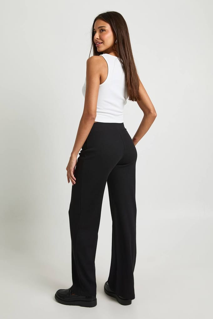 boohoo Dames Basic Rib Broek met rechte pijpen | Zwart | Maat: 38
