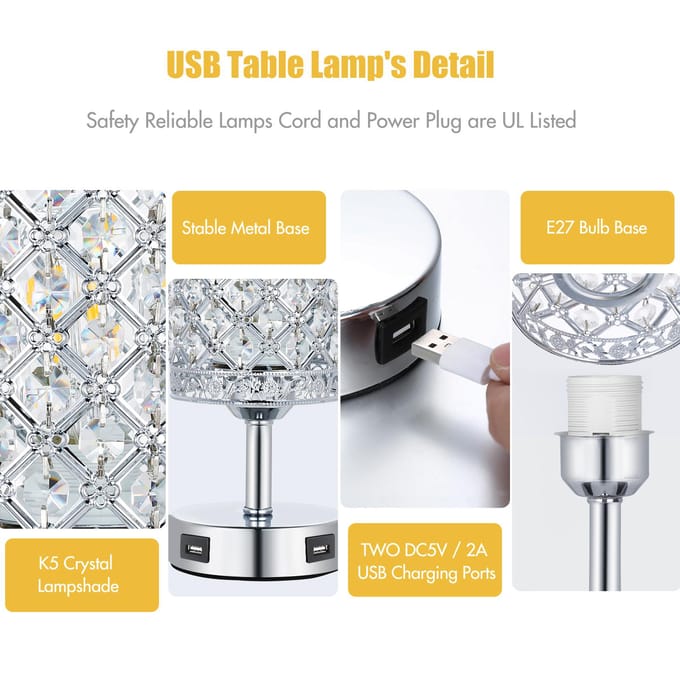 Tomshine Kristallen Tafel Nachtlampje Naast Lamp Dubbele USB-poorten 3 Niveaus Instelbare Helderheid EU Plug