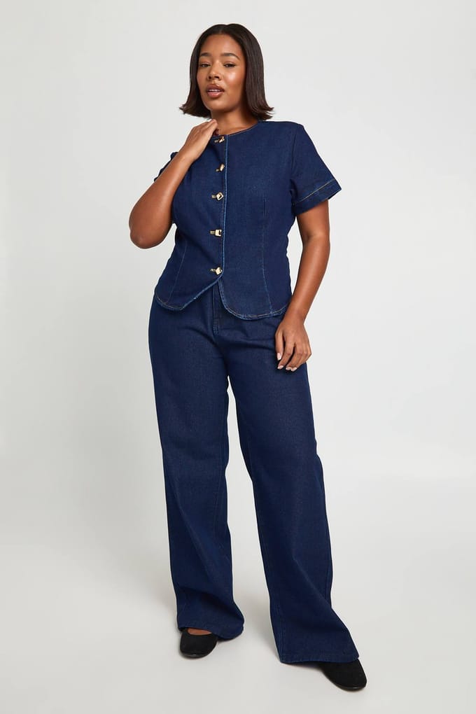 boohoo Dames Plus Contrast Stiksel Denim Rechte Pijp Jeans | Indigo | Maat: 56