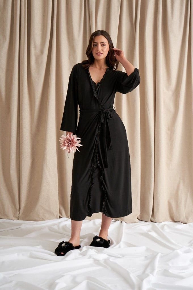 Pretty You London Bamboo Longline Kimono Frill black black-M/L