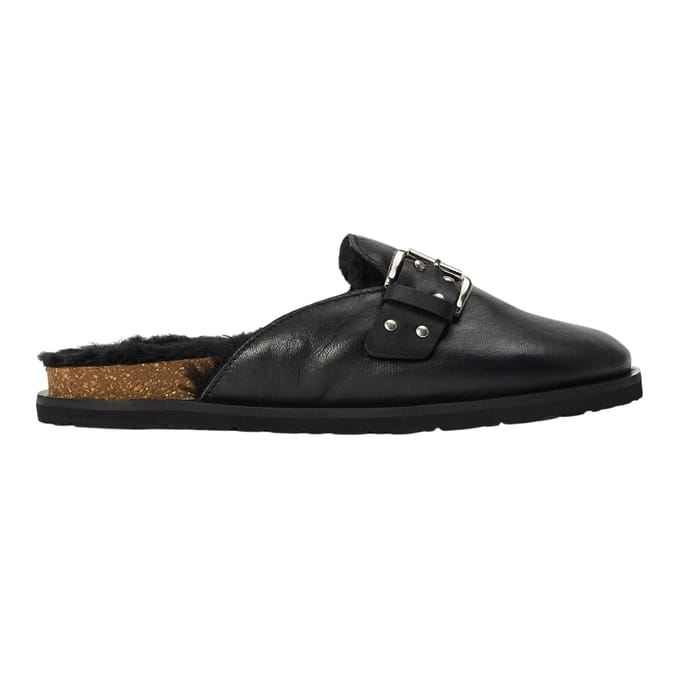 Steve Madden Damesclogs van suède met gesp in de kleur Evergreen (Zwart)
