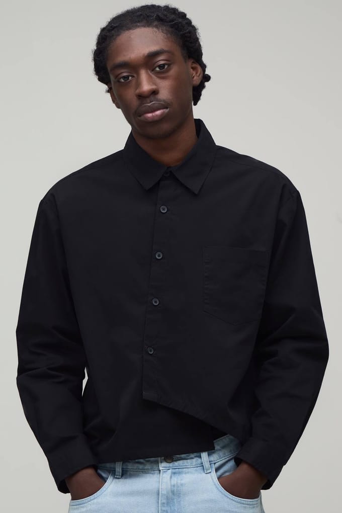 Oversized Boxy Asymmetrisch Knoopslijst Poplin Overhemd | Black | Size Medium