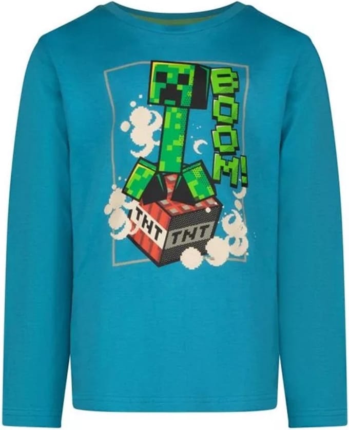 Minecraft T-shirt - Longsleeve - blauw. Maat 152 cm / 12 jaar.