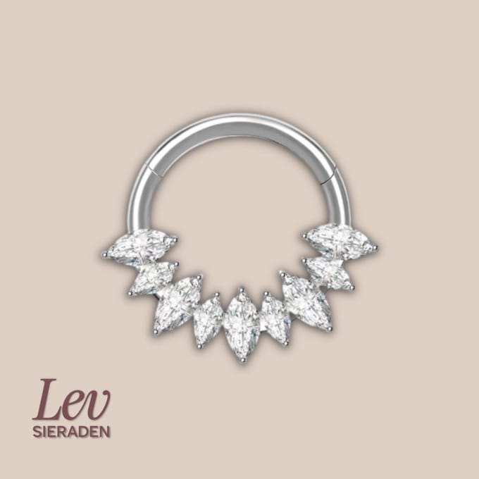 Lev Sieraden - Titanium premium neus ring - 9 marquise zirkonia segment ring - 1.2x8mm - Zilver - segment ring - neuspiercing - tragus piercing - Oorpiercing