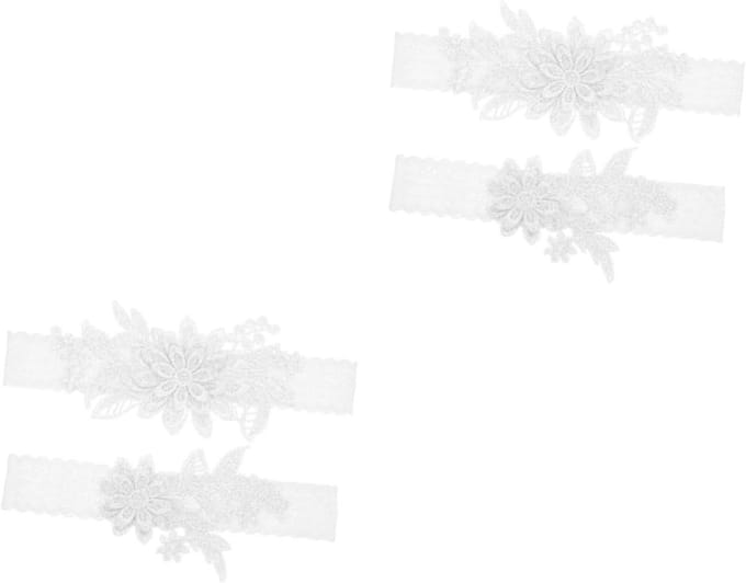 Kousenband Sets - Bruiloft Accessoires - Feestelijke Decoratie - Bloemen Kant Ontwerp - 2 Sets - Wit