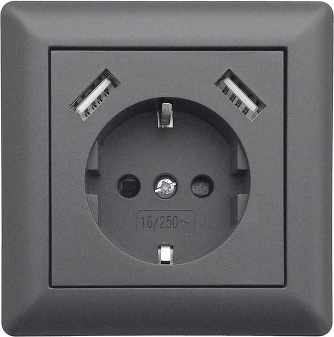 LEDmaxx USB1003 1-voudig Stopcontact (onderbouw) Met USB, Kinderbeveiliging Antraciet