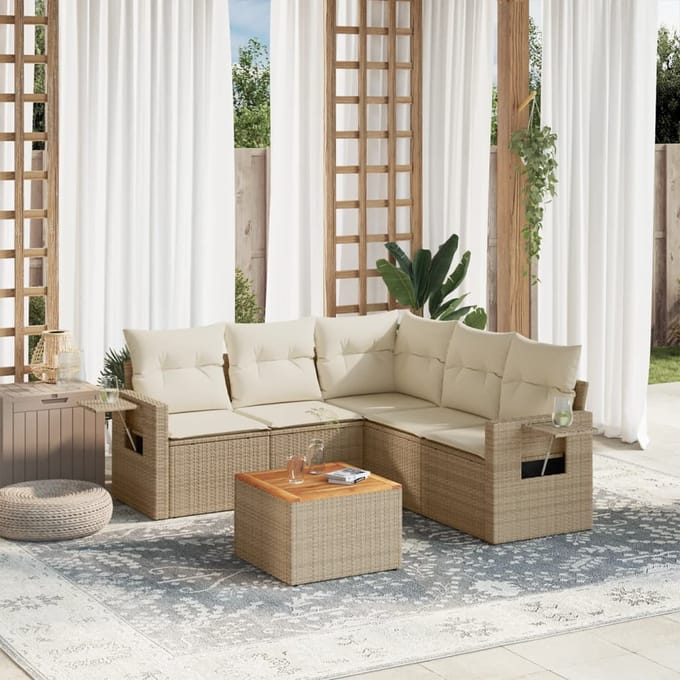 vidaXL - 6-delige - Loungeset - met - kussens - poly - rattan - beige