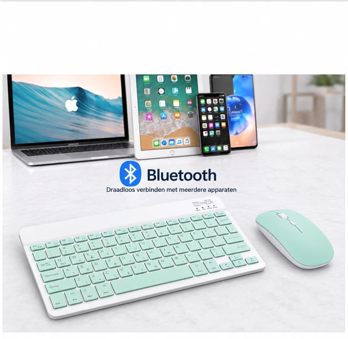 Bluetooth Toetsenbord en Muis Set – Voor iPad, Android en Windows – Oplaadbaar USB-C – Draadloos – Mintgroen