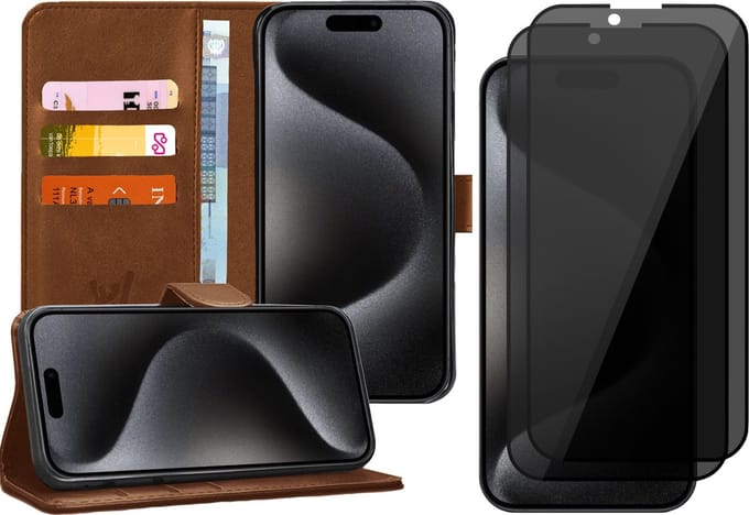 Hoesje geschikt voor iPhone 15 Pro - 2x Privacy Screen Protector FullGuard - Book Case Kunstleer Pasjeshouder Bruin & Screenprotector