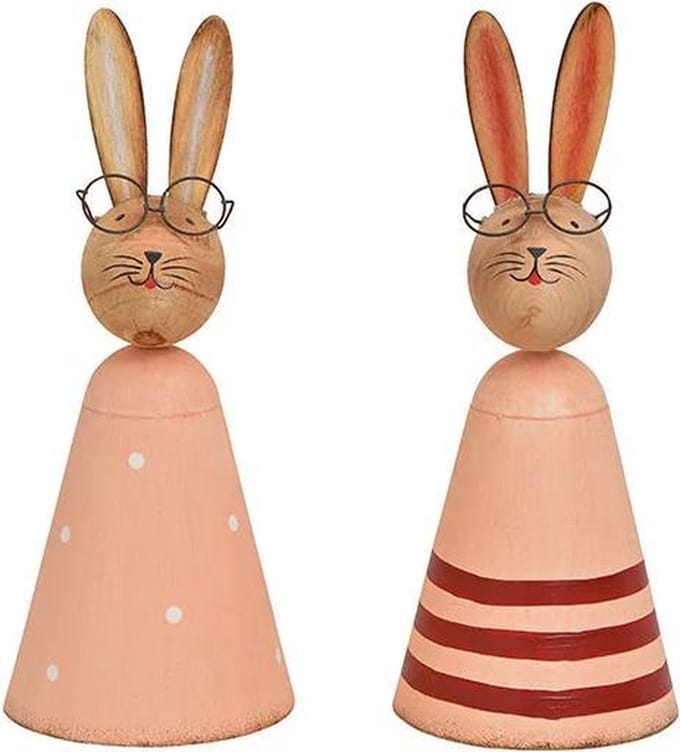 Konijnen Met Bril - set van twee - paasdecoratie - metaal & hout - roze