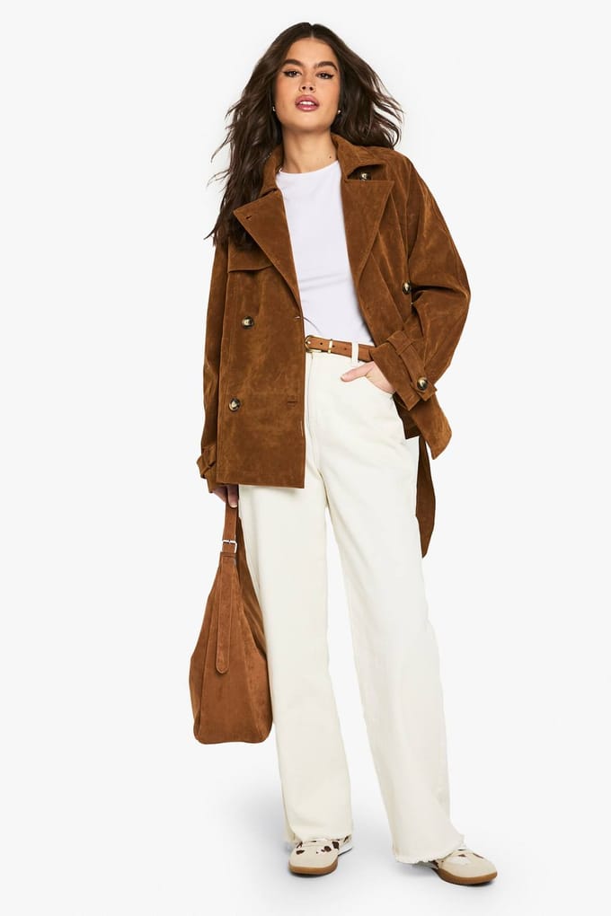 boohoo Dames Suede-look korte trenchcoat met riem | Bruin | Maat: 36