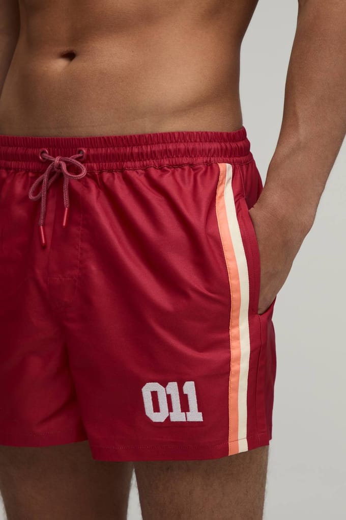 Side Stripe Panelled Applique Short Length Swim Short | Red | Size Medium