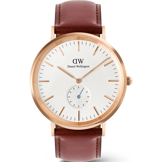 Daniel Wellington Classic Multi-Eye Quartz Analoog Horloge Roségoudkleurig En Bruin Kast Gemaakt Van 100% Pvd-Gecoat Roestvrij Staal En Een Armband Van 100% Echt Leer 40 DW00100870, DW00100871
