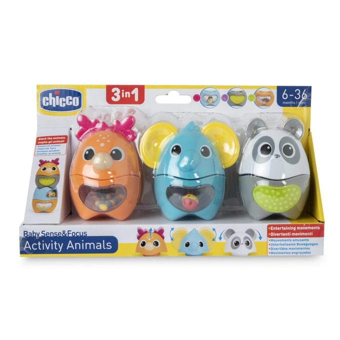 Chicco Activity Animals - 3-in-1 Stapel- & Sorteerspeelgoed - Olifant, Hertje & Panda (6-36 M)