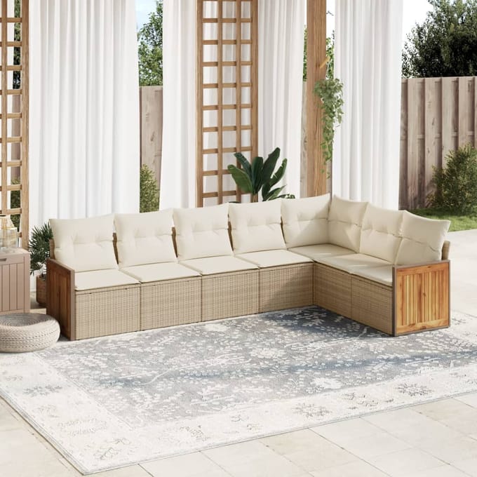 vidaXL - 7-delige - Loungeset - met - kussens - poly - rattan - beige
