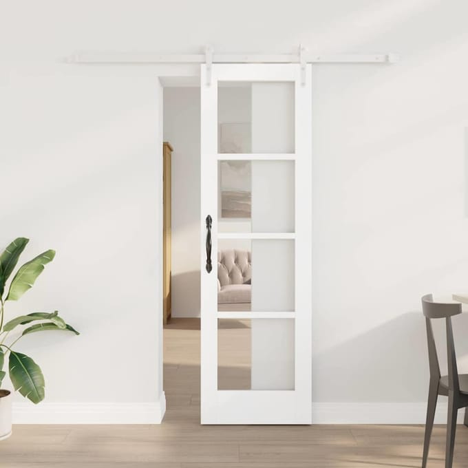 vidaXL - Schuifdeur - 61 - x - 198,5 - cm - Massief - grenenhout - en - glas - Wit