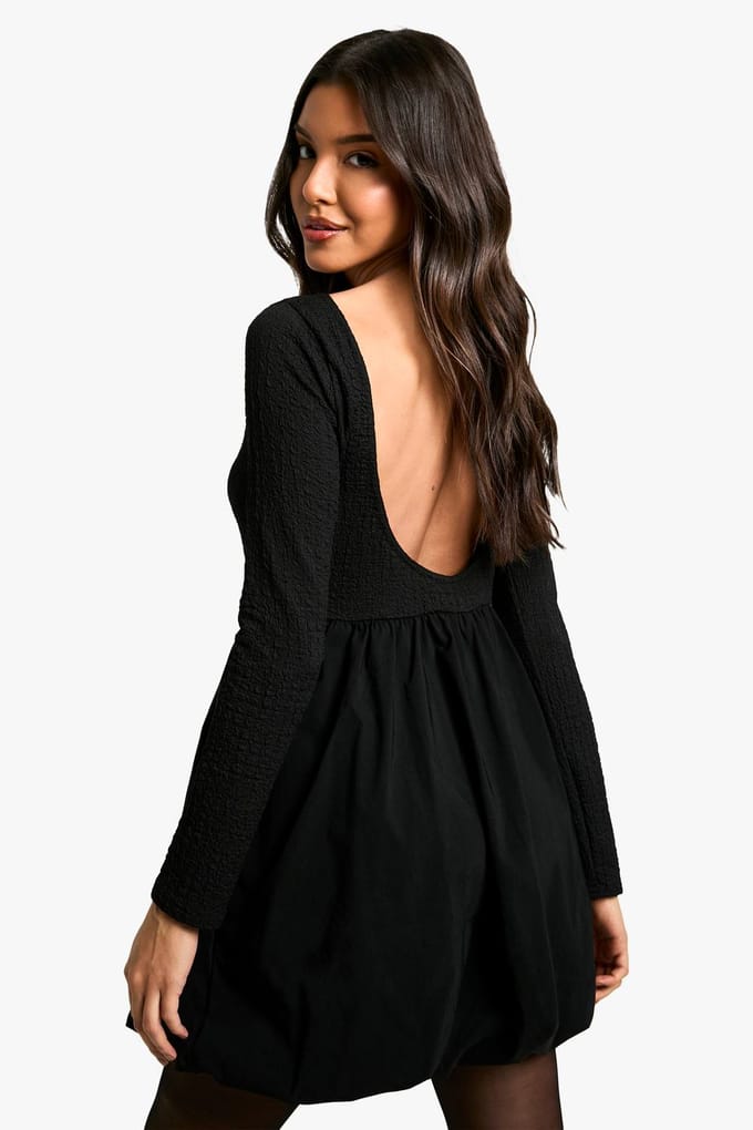 boohoo Dames Texture Lange Mouw Volume Rok Mini Jurk | Black | Maat: 10