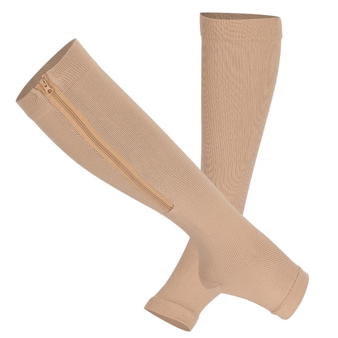 2 stuks compressiesokken met ritssluiting, steunkousen, elastische open teenbeensteunkous beige