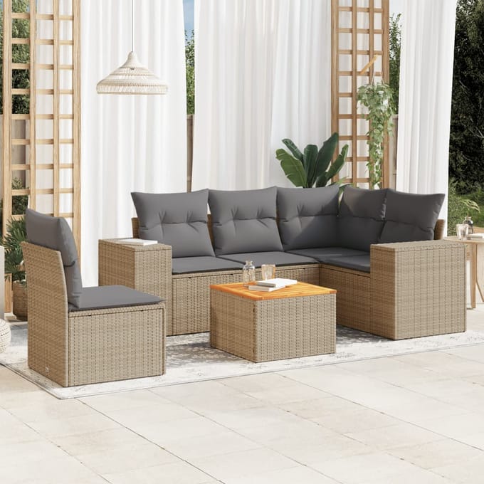 vidaXL - 6-delige - Loungeset - met - kussens - poly - rattan - beige