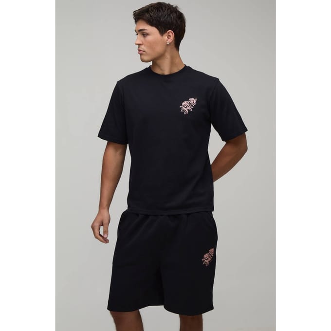 Regular Fit T-shirt Met Roos Borduursel & Regular Fit Short Set | Black | Size Medium