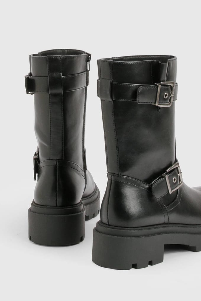 boohoo Dames Hiker Boots met Dubbele Gesp Details | Black | Maat: 8