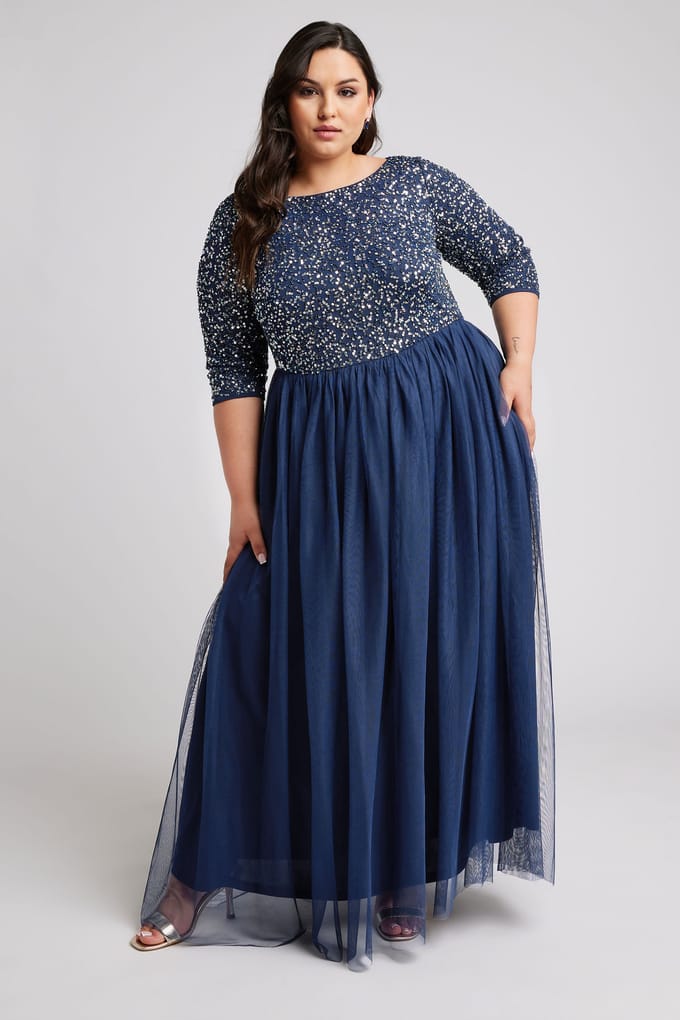 Luxe: Ultimate Embellishment Luxe Maxijurk Met Lovertjes In Donkerblauwsize 42