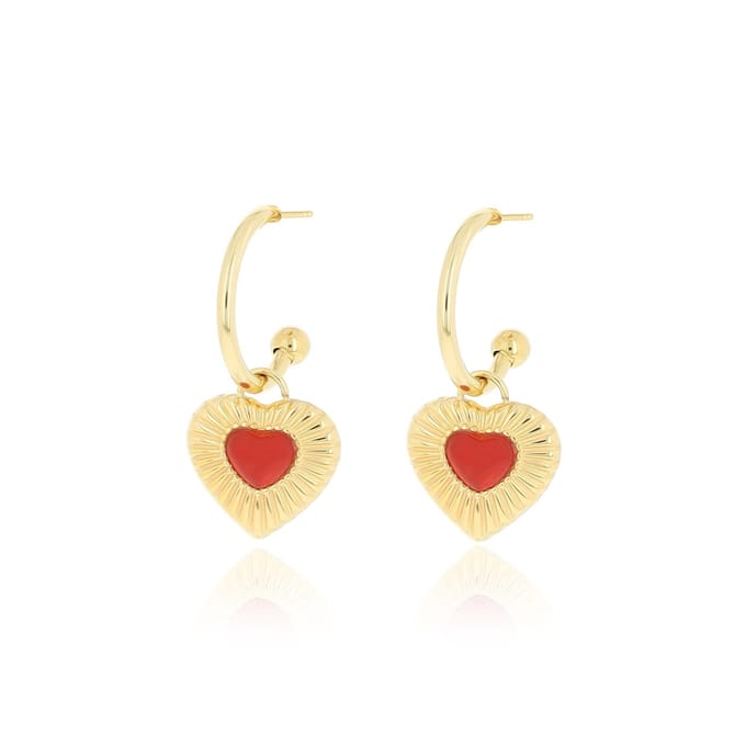 Gold coloured earrings with red heart charm
