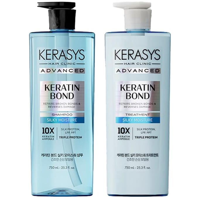Kerasys Keratin Bond Silky Moisture Shampoo & Treatment Set - Hydraterend & Gladmakend, 750ml + 750ml gray