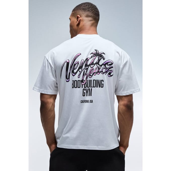 Active Venice Beach Bodybuilding Gym Oversized T-shirt Met Verlengde Hals | White | Size Large