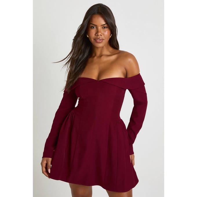 boohoo Dames Lange mouwen Bardot gestructureerde skaterjurk | Plum | Maat: 10
