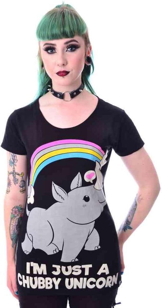 Cupcake Cult - JUST A CHUBBY UNICORN Dames Tshirt - S - Zwart