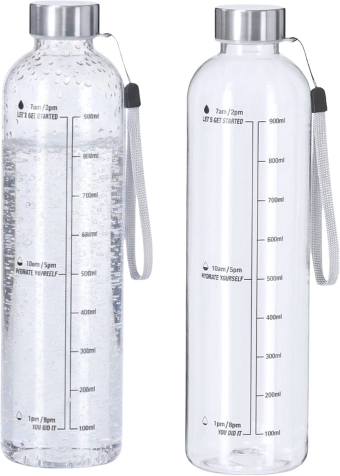 Makito Waterfles/drinkfles - 2x - motivatiefles - transparant - met RVS dop - 1000 ml - D7 cm - Met capaciteitsindicator