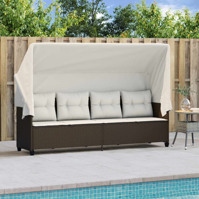 vidaXL - Ligbed - met - luifel - en - kussens - poly - rattan - bruin