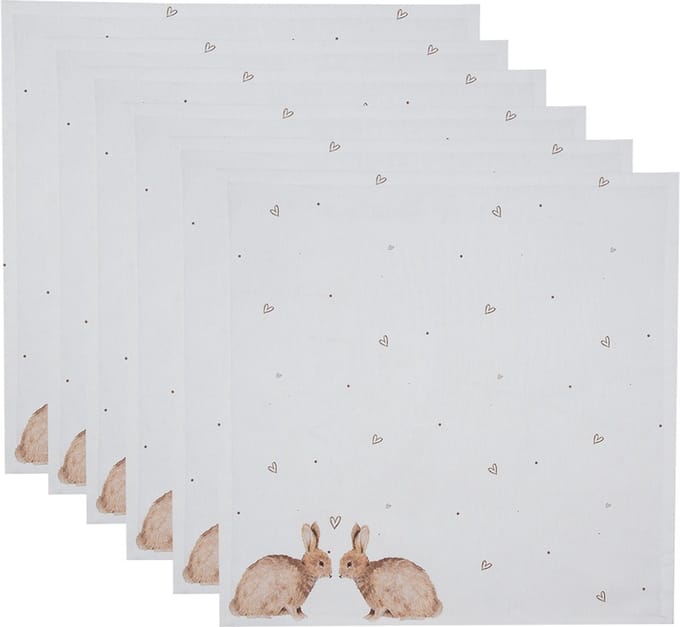 Clayre & Eef Servetten Katoen Set van 6 40x40 cm Wit Bruin Vierkant Konijn