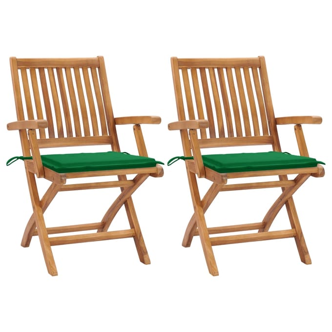 vidaXL - Inklapbare - stoelen - 2 - st - met - groene - kussens - massief - teakhout