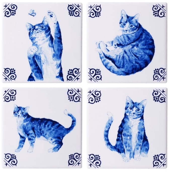 Onderzetters - Lieve Kat - set van 4 - Heinen Delfts Blauw