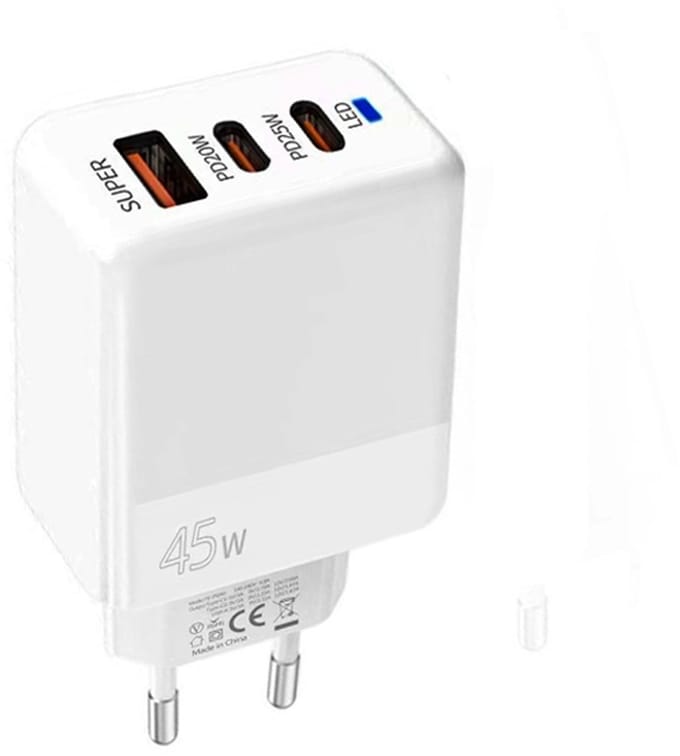45W Snellader met PD3.0 / PPS - USB-C (Type-C) + QC 3.0 USB - Oplader Adapter - Geschikt voor telefoons, tablets etc. - wit
