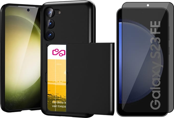 Hoesje met Pasjeshouder geschikt voor Samsung Galaxy S23 FE - Privacy Screen Protector FullGuard - Back Cover SlideCase Zwart & Screenprotector