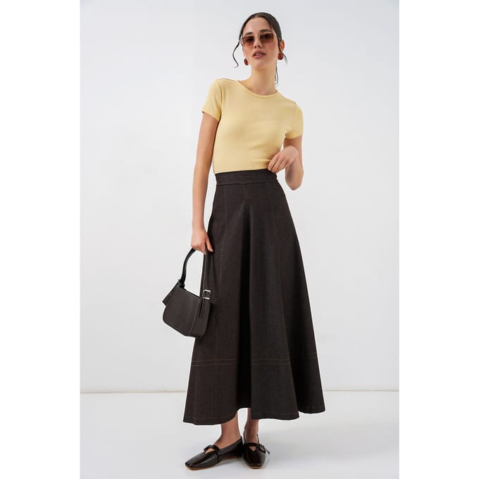 Hoge Taille Denim A-Lijn Maxi Rok met Zakken