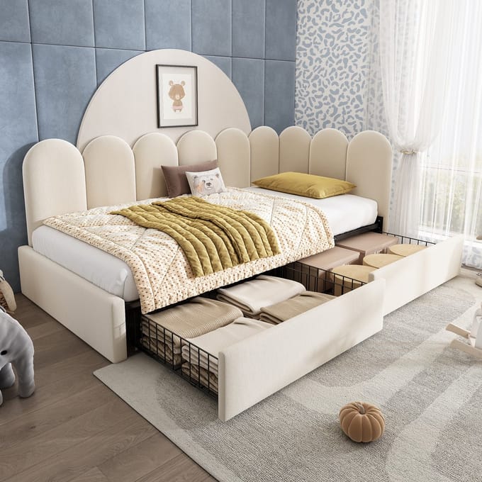 MODFU - Bedframe 90x190 cm – Met 2 uitneembare lades & omwisselbare zijpanelen – Beige fluweel
