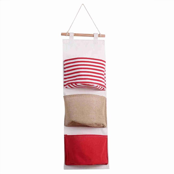 Sac de Rangement en Lin à 3 Couches Sac Suspendu pour Garde-robe Pochette Murale Jouets white