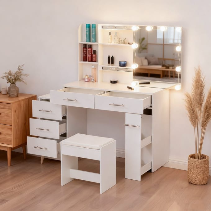 Make-up tafel - kaptafel - met spiegel - lade - LED-licht - 100x40,5x136 cm