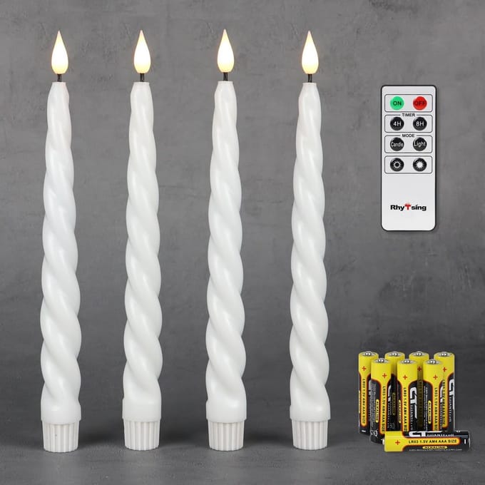 SnelShoppen - 4 Vlamloze Ribbel LED Dinerkaarsen Wit met Timer, Realistisch Kandelaar Twist Design, 24,5 cm Hoog, Afstandsbediening en Batterijen Inbe