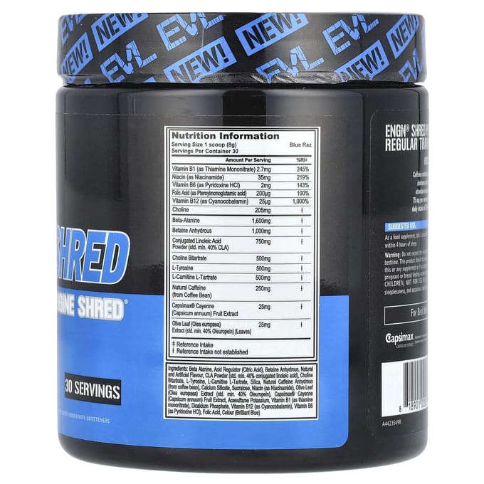 EVLution Nutrition, ENGN® Shred, Pre-Workout Engine Shred®, Blauwe Framboos Smaak, 8,5 oz (240 gram)