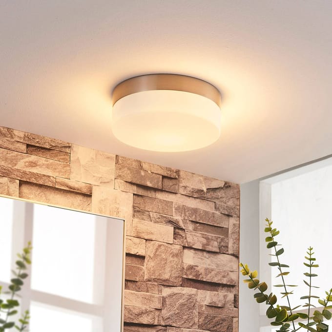 Lindby - Plafondlamp badkamer - 1licht - Glas, metaal - H: 6.5 cm - E27 - wit, nikkel gesatineerd