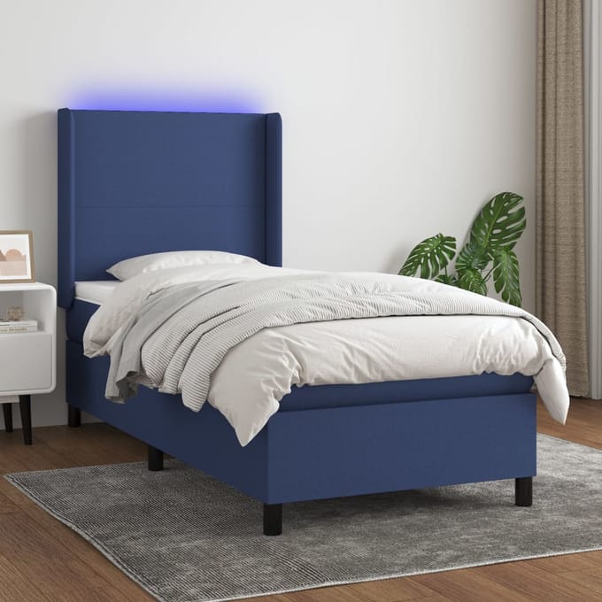 vidaXL - Boxspring - met - matras - en - LED - stof - blauw - 90x200 - cm