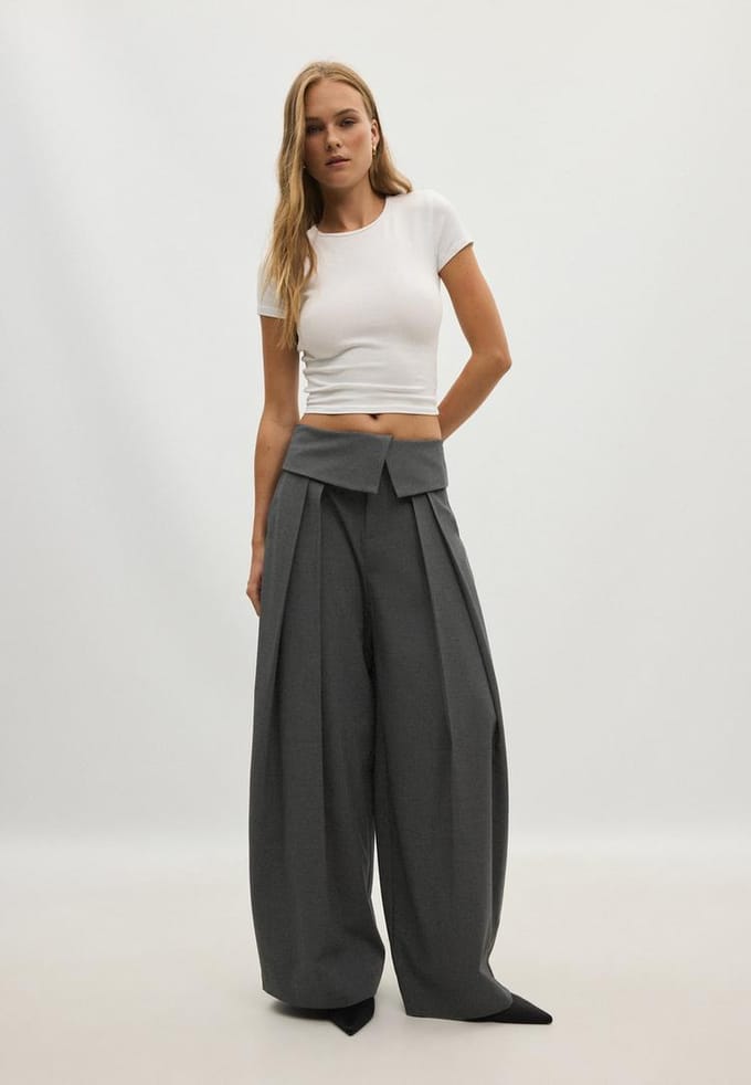 Stradivarius Wide-leg pantalon met omgeslagen taille  Donkergrijs 38