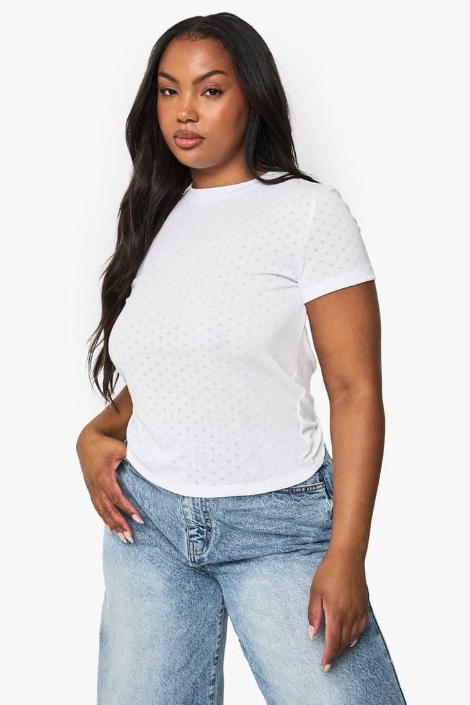 boohoo Dames Plus Pointelle korte mouw aansluitende top | Wit | Maat: 48